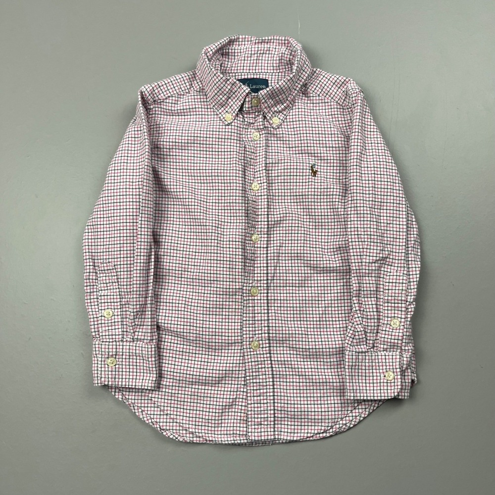 Ralph Lauren Button Down Shirt Kids 4 White Red Plaid Long Sleeve Pony Logo